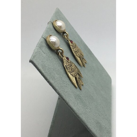 Bergdorf Goodman Angelfish Fish Earrings Bronze Gold Tone Faux Pearls 1995 BG - Picture 2 of 3